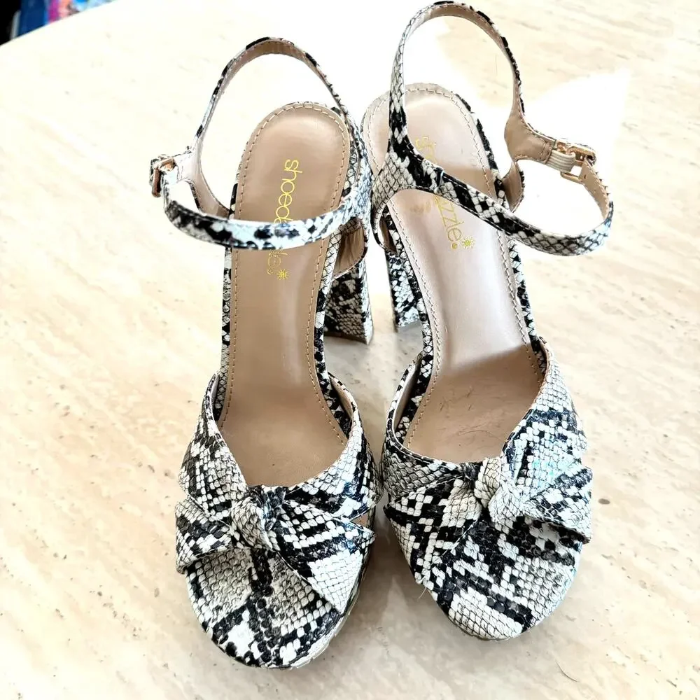 Black and White Faux Snakeskin Strappy Block Platform Heels, US 7.5 EU 38 New